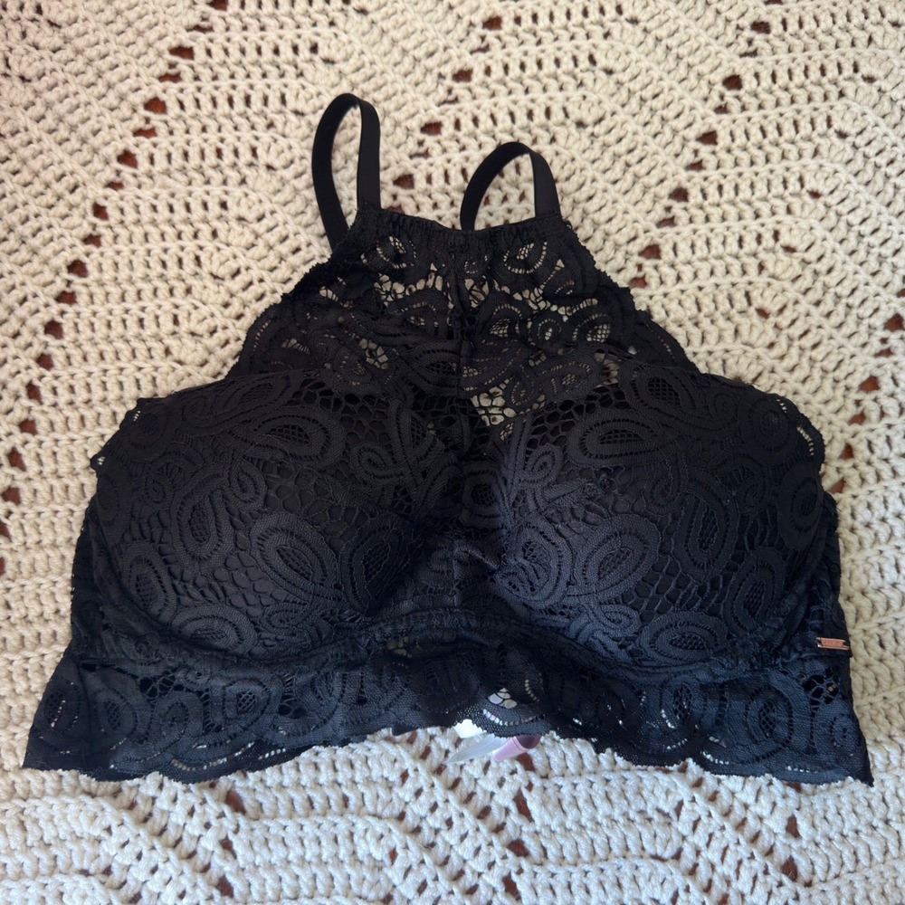 VS Pink Black Lace High Neck Push-Up Bralette Large Longline Halter